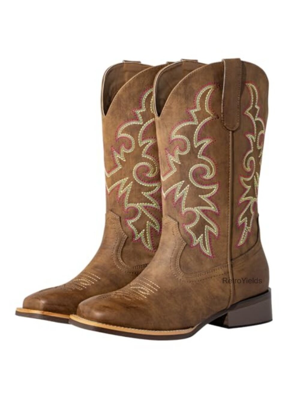 Extra Wide Calf Cowboy Boots Square Toe Pull On Faux Leather Mid-Calf Western